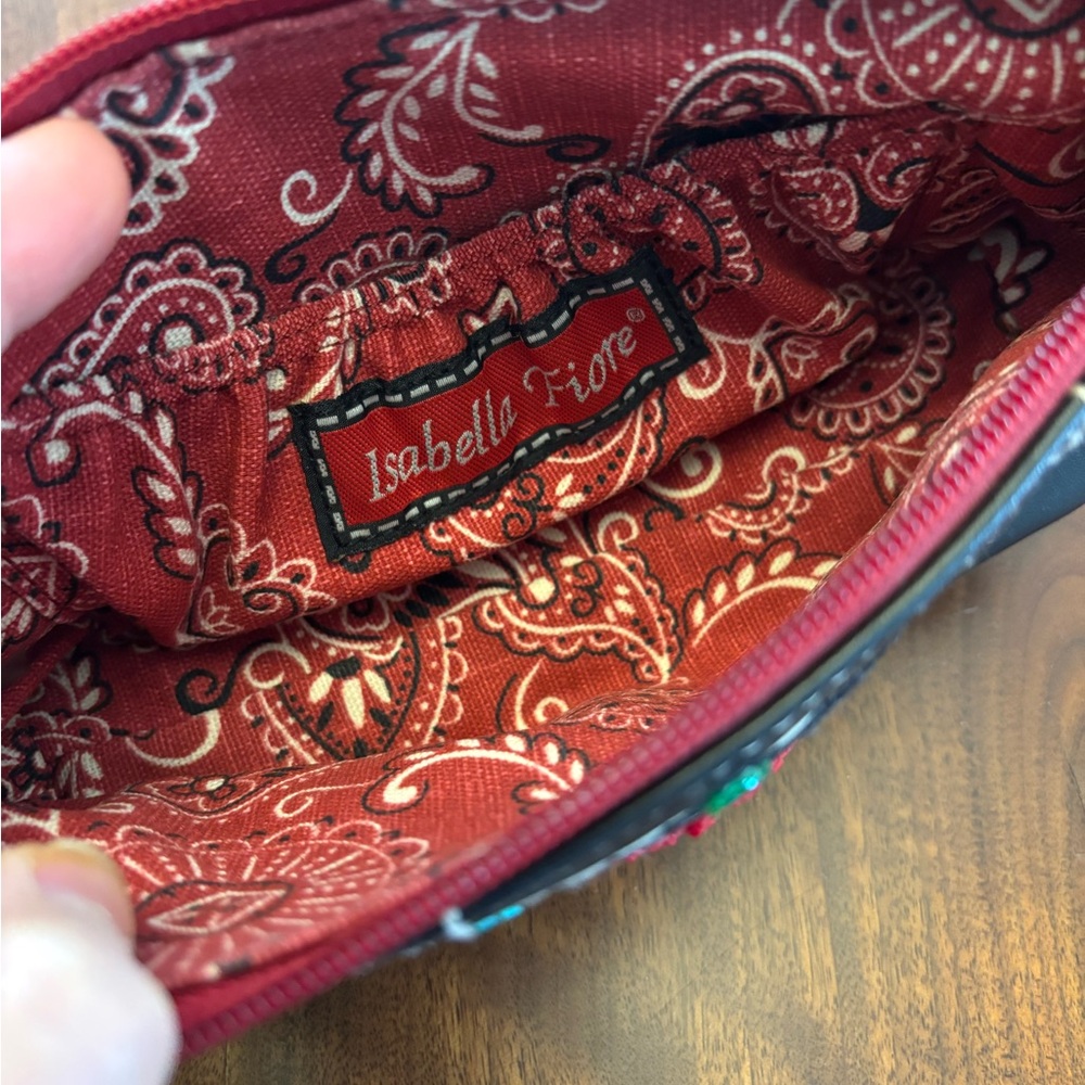 Vintage Isabella Fiore Peace Love Black Red Embroidered Beaded Wristlet Clutch - Picture 3 of 11